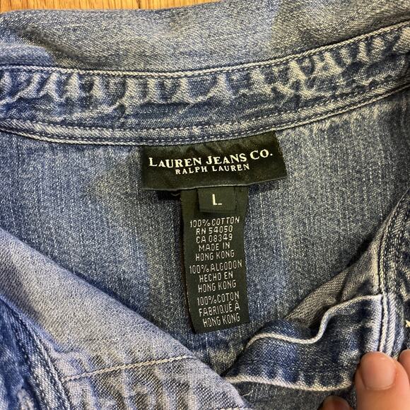 90s Ralph Lauren Blue Denim Button Down Shirt Crown Logo Pocket Womens Large - Picture 3 of 14